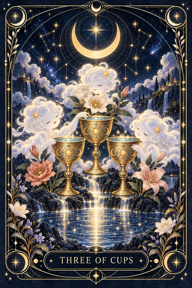 Three of Cups from Wooly’s illustrated tarot deck