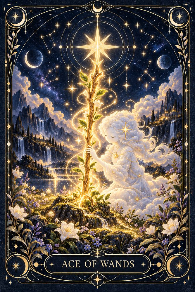 Ace of Wands from Wooly’s illustrated tarot deck